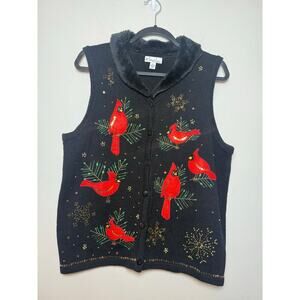 Kim Rogers Christmas Cardinal Button Down Vest with Removable Fur Collar Size PL